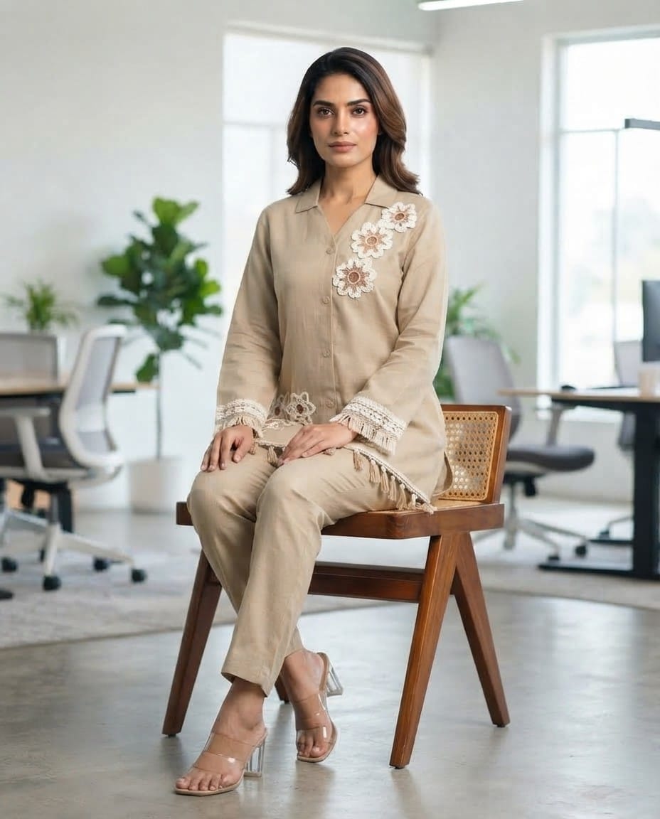 AAVENI BEIGE COTTON BLEND CO ORD SET