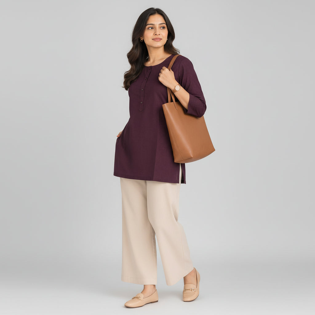 AAVENI DEEP MAROON COTTON FLEX SHORT KURTI