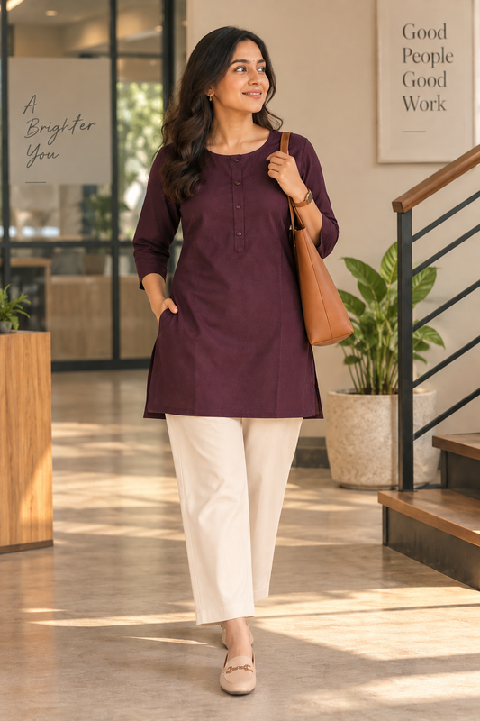 AAVENI DEEP MAROON COTTON FLEX SHORT KURTI