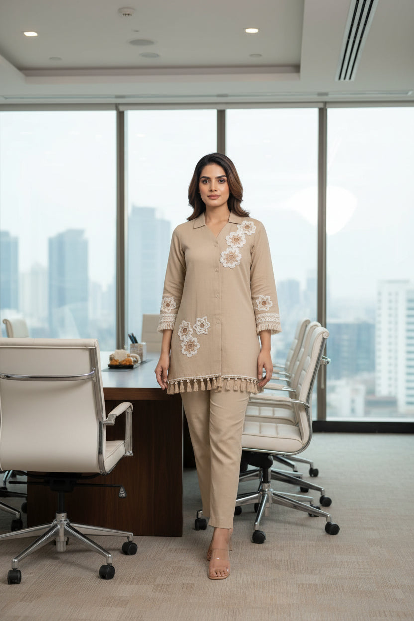 AAVENI BEIGE COTTON BLEND CO ORD SET