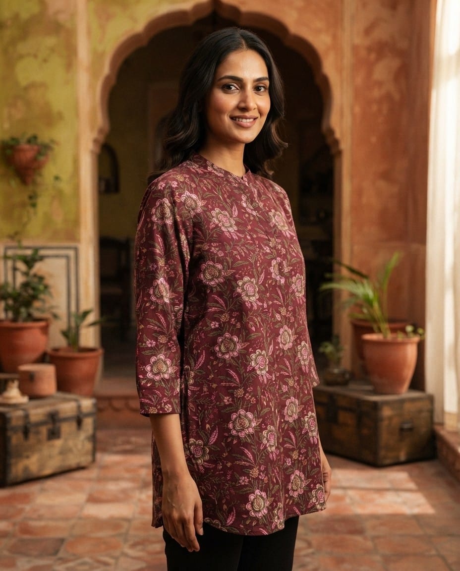 AAVENI JAIPURI COTTON WINE SHORT KURTI
