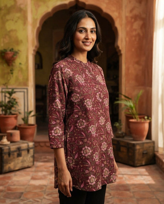 AAVENI JAIPURI COTTON WINE SHORT KURTI